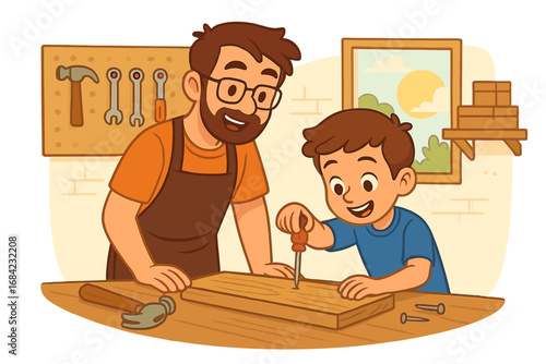 Father and son working on DIY project. Dad teaching boy carpentry in workshop. Family bonding, hobby and craft. Parent and child building together with tools. Happy vector cartoon.