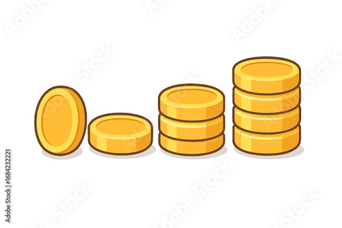 Vector stacks of golden coins in an increasing row. Business finance profit and investment growth concept. Flat cartoon illustration of money savings, wealth, and success.