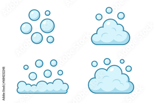 Vector cartoon illustration of bubbles and foam set, transparent background, graphic design elements for apps, concepts, clean airy bubbles, soap foam, soap bubbles collection