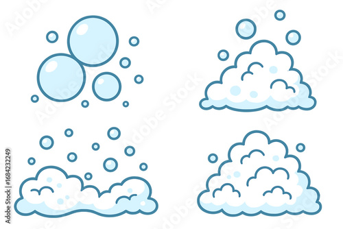 Vector cartoon illustration of bubbles and foam signs with transparent background, graphic design elements for apps and digital concepts, set of soap, froth, and sparkle icons