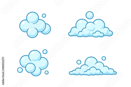 Vector cartoon illustration of bubbles and foam, translucent bubble clusters, soap bubble icons, cleaning and freshness concept, graphic design elements for apps and websites, transparent background