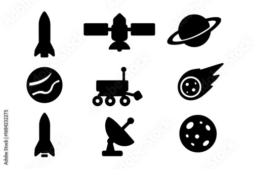 Space exploration silhouette icon set. Vector collection of rocket, satellite, planet, rover, and asteroid graphics. Astronomy and science symbols for cosmos and galaxy design.