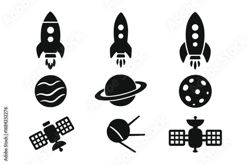 Space exploration icon set. Vector collection of black silhouettes including rocket, planet, moon, and satellite. Flat design graphic elements for astronomy and science.
