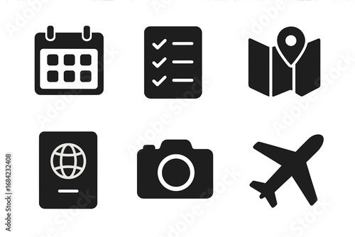 Travel and tourism icon set. Solid glyph pictograms for adventure and vacation planning. Includes calendar schedule, checklist, map location, passport, photo camera, and airplane.