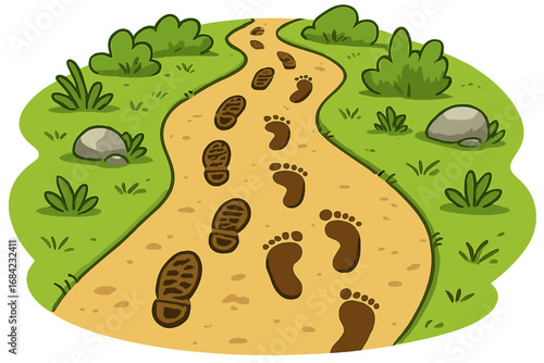 Footprints and boot prints on a path. Barefoot and shoe marks on a trail. Concept of choice, journey, following a different path. Vector cartoon of footsteps in nature.