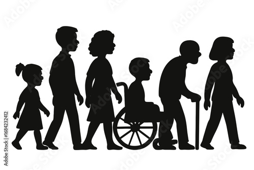 Diverse silhouettes of various age groups and genders symbolizing inclusion, disability, and multigenerational unity in society, vector cartoon illustration with transparent background, ordered set