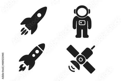 Space travel solid icon set. Rocket ship, astronaut, and satellite silhouette collection. Vector glyphs for cosmic exploration, astronomy, and science graphic design elements.