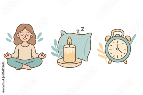 Wellness icon set for self-care and mental health. Vector illustration of meditation, sleep routine and time management. Concepts for mindfulness, relaxation and work-life balance.