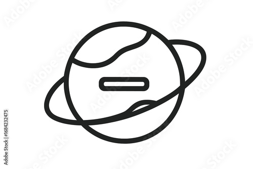 Minus symbol inside planet outline, space icon, cosmic design, simple space planet illustration for graphic design, web apps, advertisements, marketing cards, vector cartoon