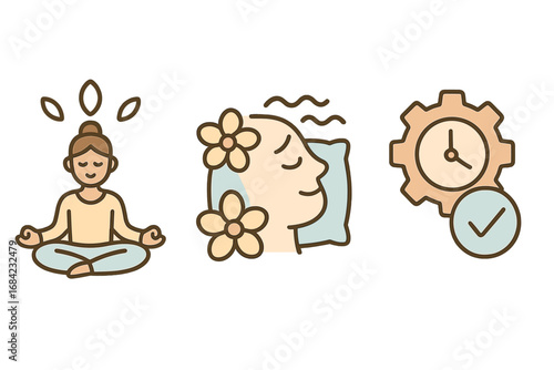 Wellness icons set for mental health. Meditation, yoga, relaxation, sleep and time management symbols. Self-care, mindfulness and work-life balance concept vector cartoon.