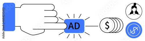 Hand presses ad button creating value with currency, user profile, and analytics. Ideal for marketing, branding, strategy, commerce, audience engagement PPC and monetization. Simple flat metaphor