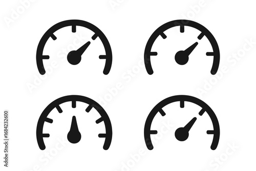 Speedometer gauge icon set. Tachometer, indicator and performance meter symbols. Vector flat minimal silhouette illustration for dashboard, speed, level and measurement.
