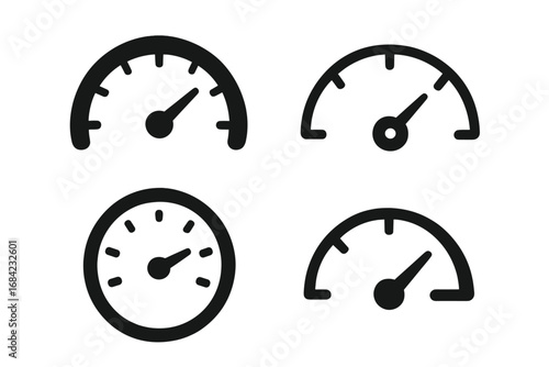 Speedometer gauge icon set. Tachometer silhouette collection. Car dashboard instrument panel element. Speed, power, and performance indicator. Measurement and pressure level.