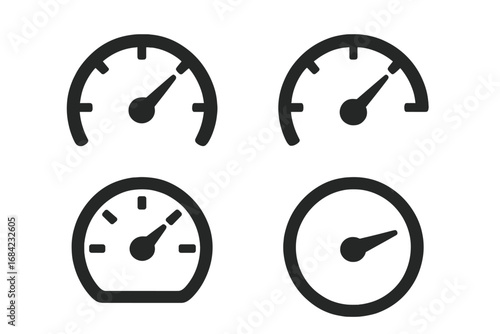 Speedometer gauge icon set. Tachometer dashboard silhouette. Vector for car and automotive speed test. Performance measurement, indicator level, and progress symbol.