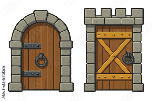 Set of two medieval castle doors. Ancient wooden fantasy gates with stone arch and iron hinges. Vector illustration for game design. Cartoon fortress or dungeon entrance.