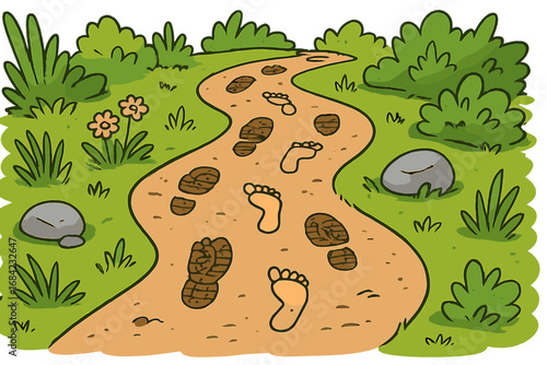 Footprints and shoe prints on a winding dirt path. Vector illustration symbolizing a journey, choice, or adventure. Concept for hiking, walking, or following a trail. Barefoot and boot prints.