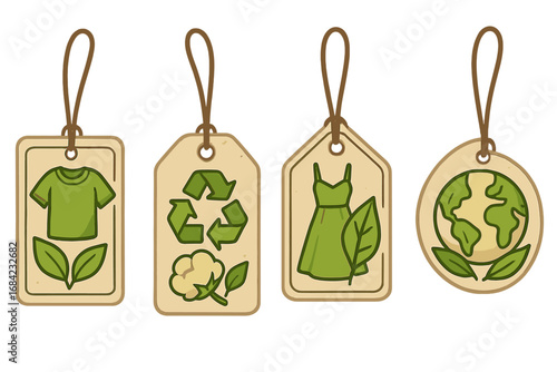 Sustainable fashion tags. Eco-friendly clothing labels with green icons. Vector set for ethical apparel. Recycle, organic cotton, earth. Slow fashion hang tag illustration.