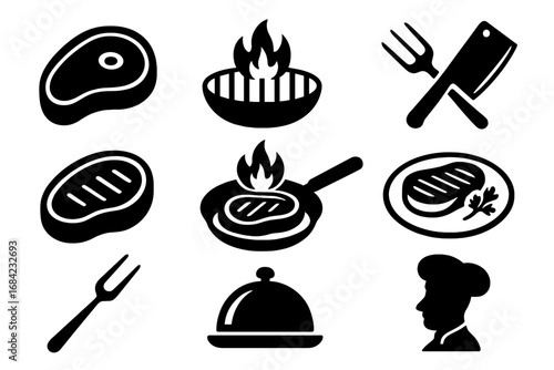 Steak cooking silhouette icon set. Beef meat grilling on fire, BBQ grill and pan. Culinary art, gourmet food, restaurant menu concept. Chef, cleaver, and fork vector icons.