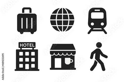 Travel and productivity solid glyph icon set. Vector symbols for vacation and business trip. Suitcase, globe, train, hotel, cafe and walking person pictogram collection.