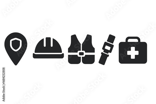 Safety and security icon set. Travel and work protection concept. Solid glyph vector icons of safe zone map pin, hard hat, life jacket, seatbelt, and first aid kit.