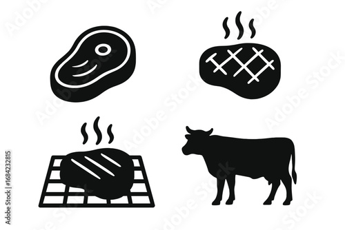 Steak and beef silhouette icon set. Grilled, cooking, food art in silhouette style. Vector cartoon illustration of cow, raw meat, and barbecue grill. For restaurant menu.