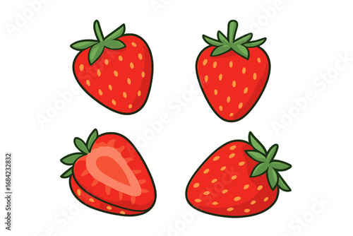 Strawberry vector illustration set. Fresh ripe red strawberries, whole and sliced half. Cute cartoon flat design icon for summer food, juice or dessert. Healthy organic berry.