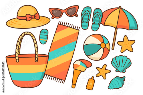 Colorful summer beach essentials vector set with stylish accessories, towel, umbrella, ball, flip-flops, sunhat, seashells, starfish, and sunscreen for perfect vacation getaway illustration