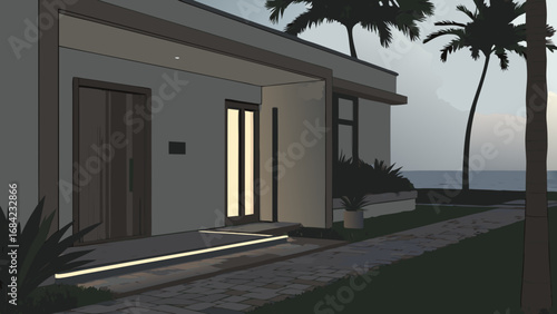 Modern house exterior at dusk illuminated entrance palm trees ocean view pathway landscaping architectural design.