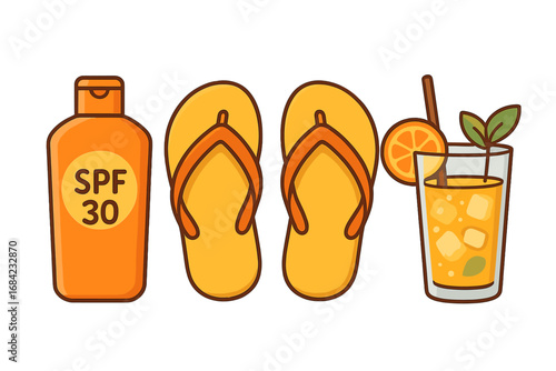 Summer essentials for a perfect beach day with SPF 30 sunscreen, bright yellow flip flops, and refreshing iced citrus drink, vector cartoon illustration set with transparent background