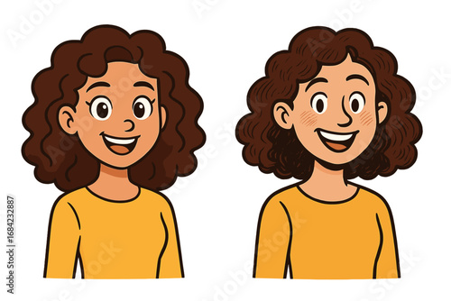 Set of two friendly woman character illustrations with curly hair. Happy smiling girl portrait for avatar or profile. Vector cartoon character design in two different styles.