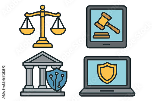 Legal tech icons set. Cyber law and online justice concept. Digital law symbols collection. Scales of justice, court, gavel, laptop with security shield vector cartoon.