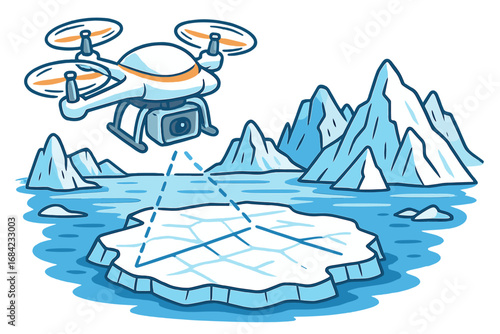 Drone technology surveying polar ice caps. UAV quadcopter mapping arctic glaciers for climate change research. Scientific exploration and environmental monitoring concept. Vector cartoon.