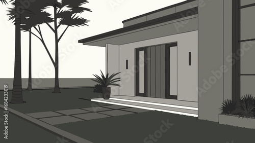 Modern House Exterior Minimalist Architecture Entrance with Steps Landscaping Design Palm Trees Greenery Home Design Illustration.