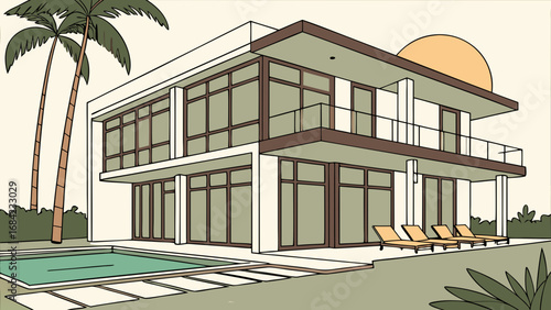Modern house illustration contemporary architecture pool palm trees luxury home design vacation home real estate architectural drawing home exterior summer house seaside villa house plan two-story ho.