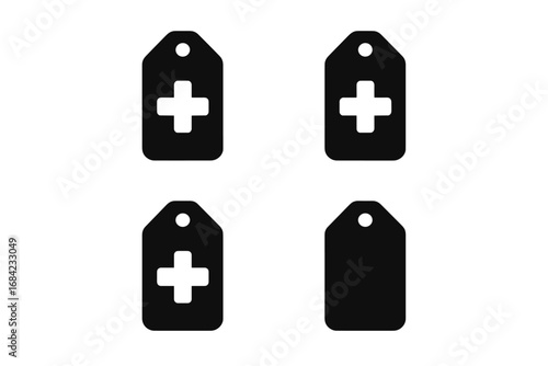 Vector icon set of medical triage tags for patient sorting in emergency. Disaster response symbols for immediate, delayed, minor, deceased categories. First aid hospital concept.