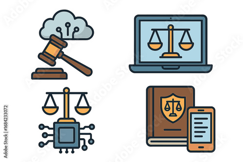 Legal tech icon set for cyber law and digital justice. Law technology concepts with gavel, cloud, computer, and AI chip. Online legal services and compliance vector symbols.