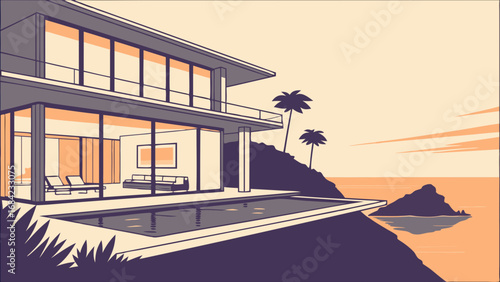 Modern house illustration ocean view sunset infinity pool tropical design architecture home real estate luxury contemporary villa seaside coastal palm trees cliffside stylish elegant vacation holiday.