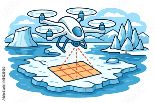 Drone exploring and mapping polar regions. Quadcopter with laser scanning ice landscape for research. UAV survey technology for glacier monitoring and climate change study.