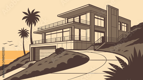 Modern House on a Hillside with Ocean View Palm Trees and Driveway.