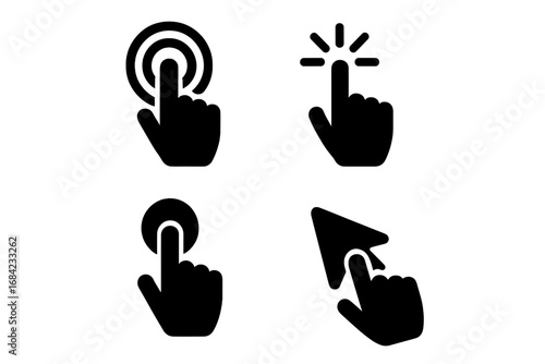 User interface solid icon set. Hand pointer, finger touch, click and cursor symbols for UI/UX design. Vector gesture icons for web and mobile app. Tap and press button concept.