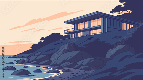 Modern House on Rocky Coastline at Sunset Ocean View Coastal Home Dream House Illustration.