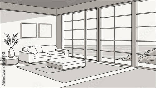 Modern Living Room Interior Design with Ocean View Cozy Sofa and Large Window.