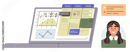 Laptop displaying productivity tools, task board, and data charts, with user profile and notification. Ideal for teamwork, productivity, remote work, time management, project planning data analysis