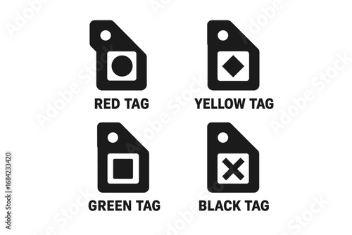 Triage tags vector icon set for emergency medical sorting. Solid glyph icons for patient priority in disaster. Red, yellow, green, black for immediate, delayed, minor, deceased.