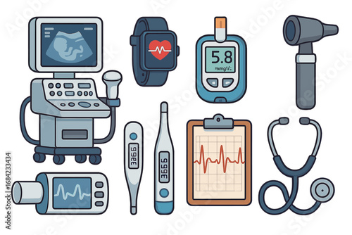 Medical technology icon set. Health monitoring and diagnostic tools. Ultrasound, EKG, glucometer, stethoscope. Vector cartoon illustration for healthcare and medicine design.