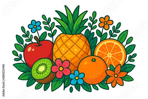 Vibrant fruit and flower arrangement with apple, pineapple, orange, and kiwi. Fresh tropical summer fruits composition. Vector cartoon illustration for healthy food concepts.