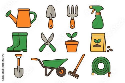 Gardening tools and equipment icon set for planting and garden maintenance. Vector flat style illustration collection with shovel, rake, watering can, boots, and wheelbarrow.
