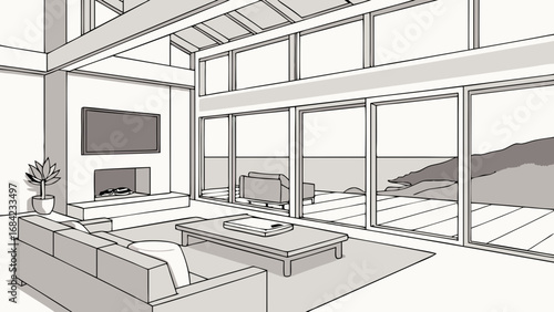 Modern living room interior design large windows overlooking ocean view minimalist sketch illustration.