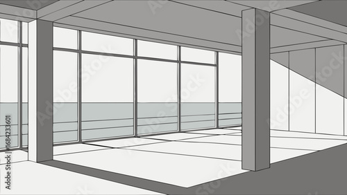 Modern minimalist interior design architectural sketch large window empty room contemporary style floor plan building blueprint grey scale simple lines clean design interior space architectural illus.