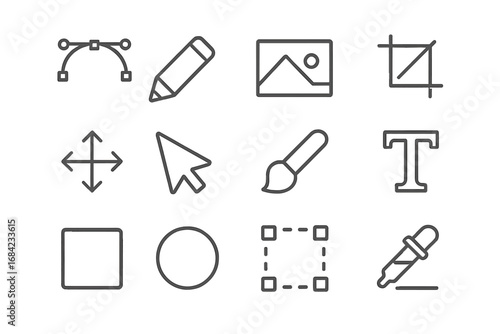Graphic design and photo editor tool icon set. Minimalistic linear icons for UI, UX, web, and app design. Vector symbols including pen, crop, text, move, and select tools.